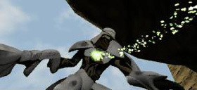Green particles spiral out of the Sky Rider as if they were escaping.