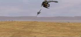A black dragon is chasing a smaller blue one.