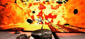 A blue dragon tries to out run a fireball.