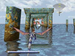 The dragon flew through a mysterious sunken city.