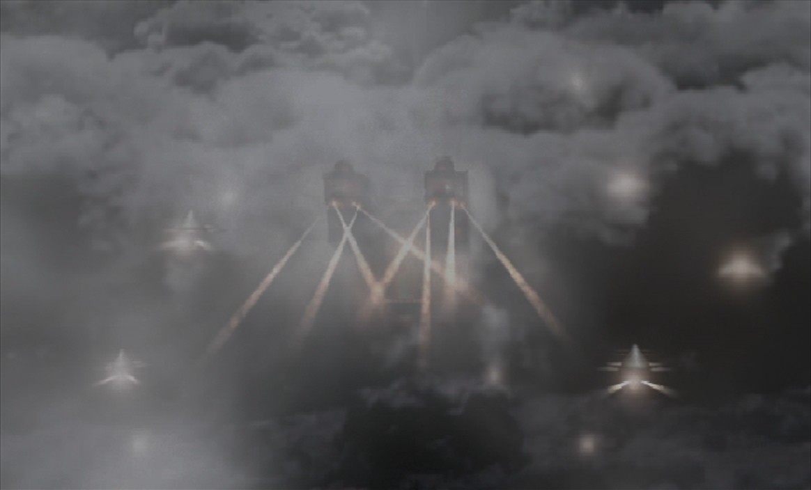 The Imperial army descends through the clouds.