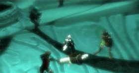 Azel releases a wave of green light.