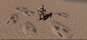The Blue Dragon leaves footprints in the sand.