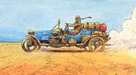 A secondary character driving a vintage car.