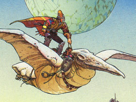 Arzach riding his pterodactyl in a piece of promotional artwork.