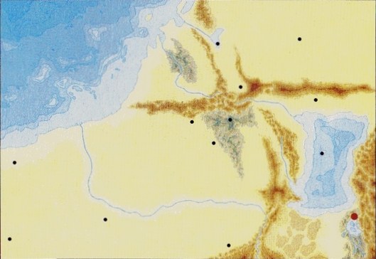 The Towers' Continental Distribution Map. A map of the Tower distribution across the continent, as confirmed at the time of this volume's compilation. The red mark on the right-hand side of the map is the Tower infiltrated by Edge when he advanced towards Sestren.
