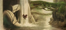 The entrance to ancient ruins behind a waterfall in Panzer Dragoon Orta (artwork).
