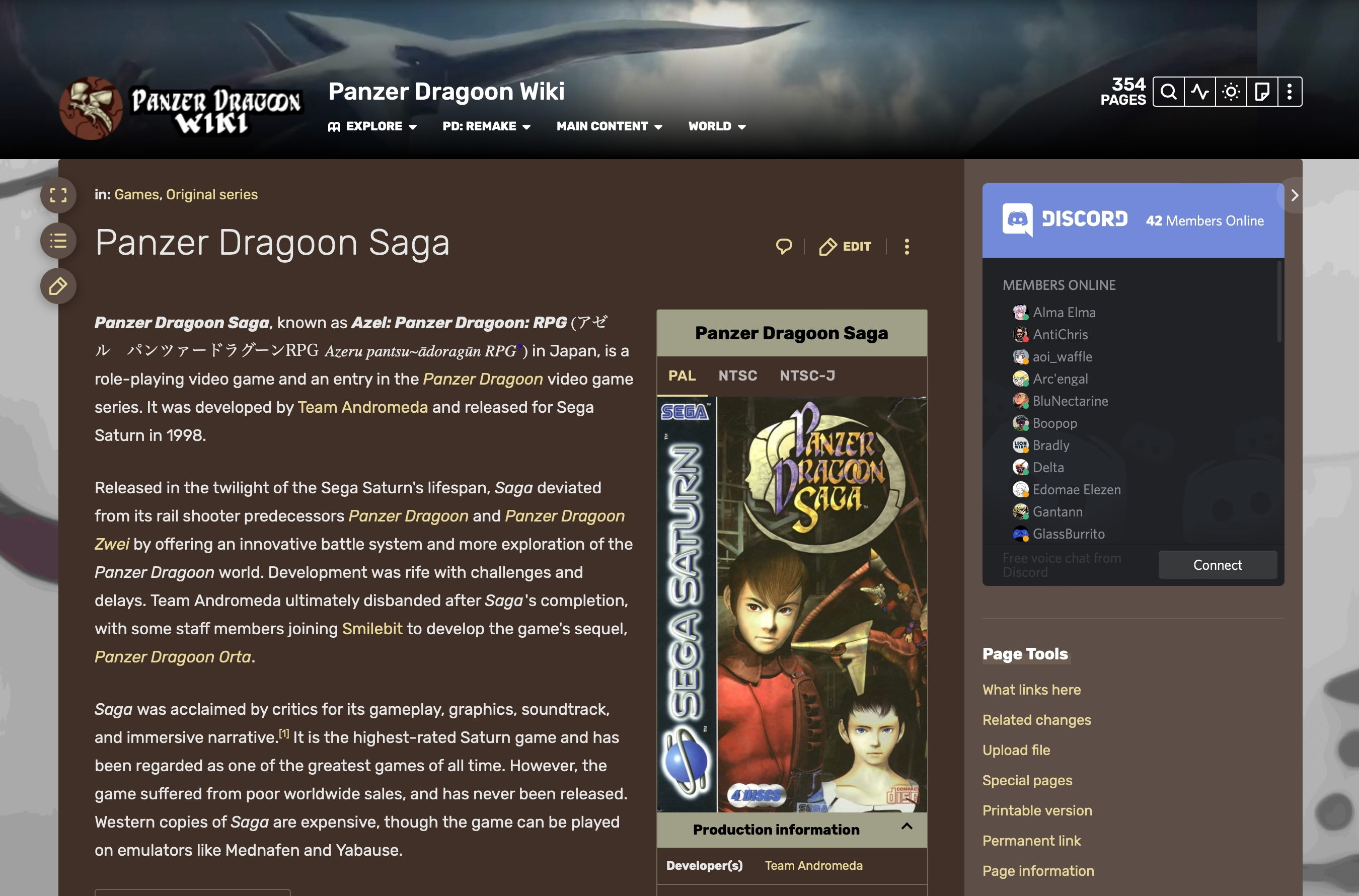 Panzer Dragoon Wiki, with an embedded list of users from the Discord server. Much communication and collaboration in the community now happen away from Panzer Dragoon Legacy's website.
