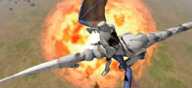 The Sky Rider evades a fireball below him.