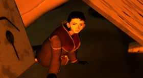 Azel is pinned under the floater.