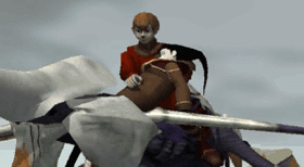 Edge catches Azel after defeating Atolm.